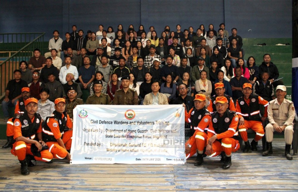 EAC Litsenthung Kikon along with other officials and trainees during the 2nd phase training of the Civil Defence Volunteers, Wardens and Chief Wardens of Dimapur district at the Multi-Purpose Sports Complex, DC Court, Dimapur on January 14. (DIPR Photo)